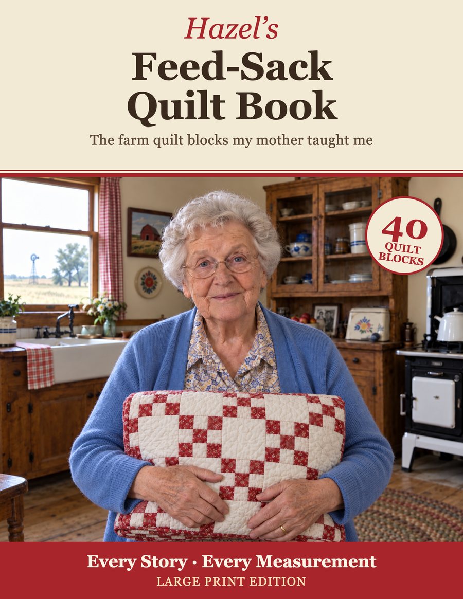 Cover of Hazel's Feed-Sack Quilt Book: Hazel in her kitchen holding a red and white Nine Patch quilt