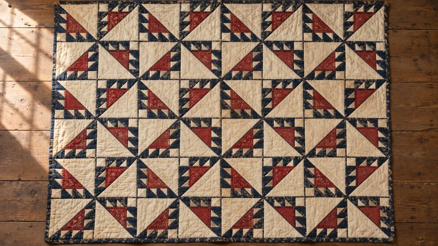 A Kansas Troubles quilt in red, navy and muslin